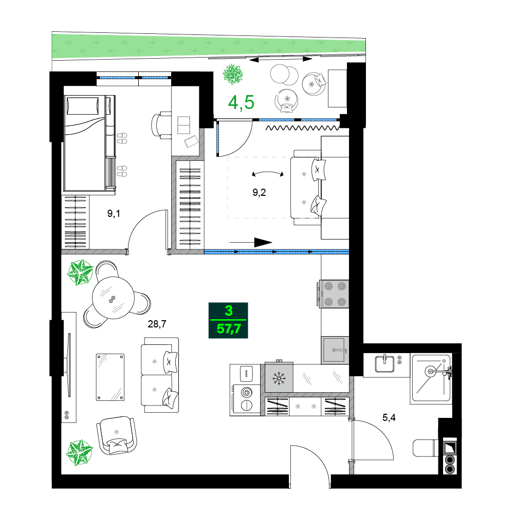 3-комнатная квартира, 57.7 м², 4 этаж в ЖК "SUMMER 365"