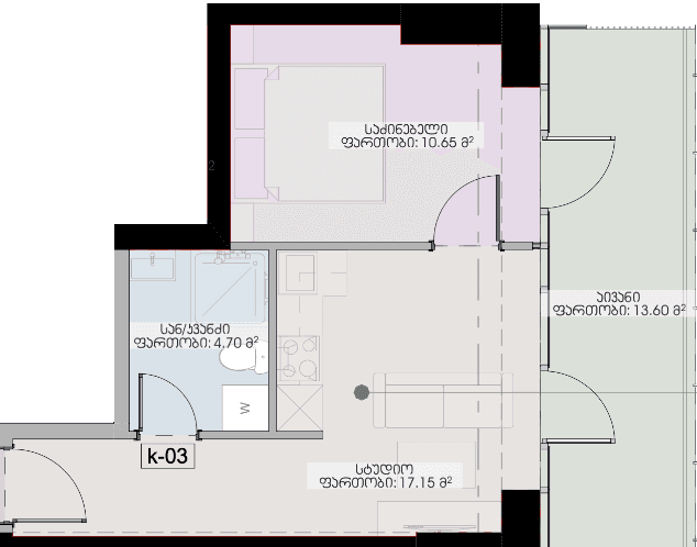 1-bedroom apartment, 46.1 m², 27 floor, Geuz Towers in Batumi