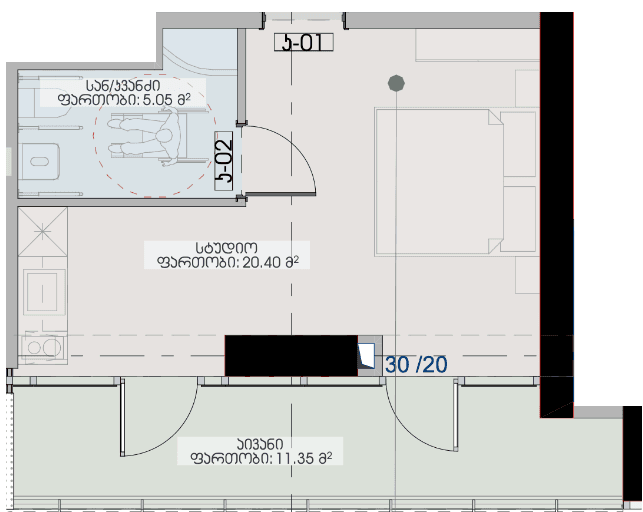 studio, 36.8 m², 31 floor in "Geuz Towers"