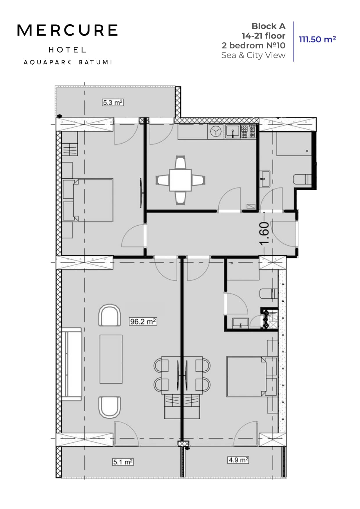 两居室公寓，111.5 m²，19 层，位于“Mardi Aquapark Wellness Resort”