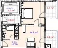 1-комнатная квартира, 57.1 м², 3 этаж в ЖК "Aquapark Residence"