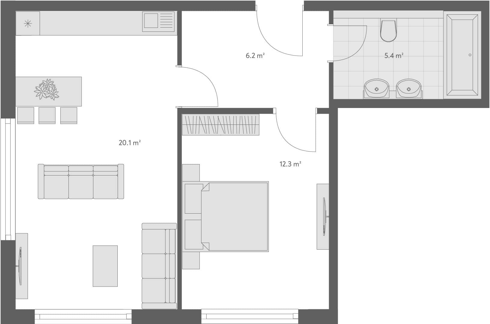 2-комнатная квартира, 44.5 м², 1 этаж в ЖК "Wyndham Grand Family Club"