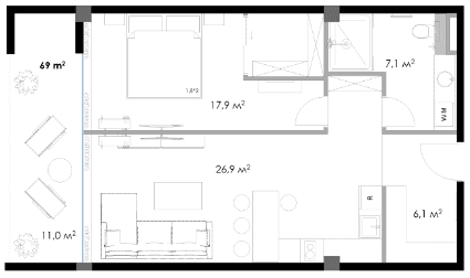 1-bedroom apartment, 69 m², 5 floor, Salibauri Hills in Batumi