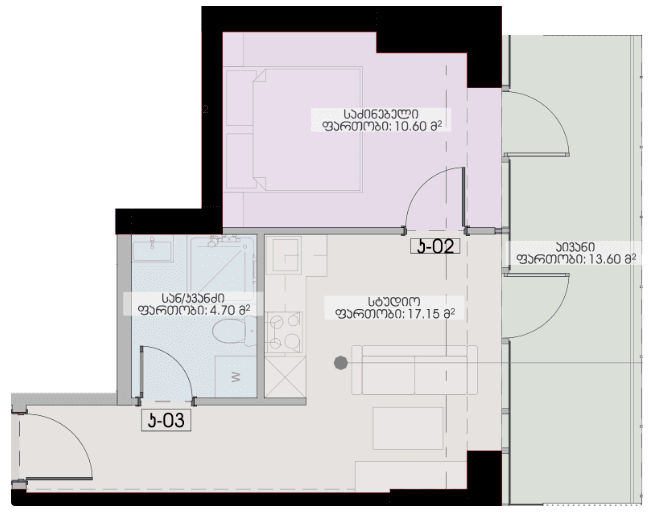 1-bedroom apartment, 46.05 m², 7 floor, Geuz Towers in Batumi