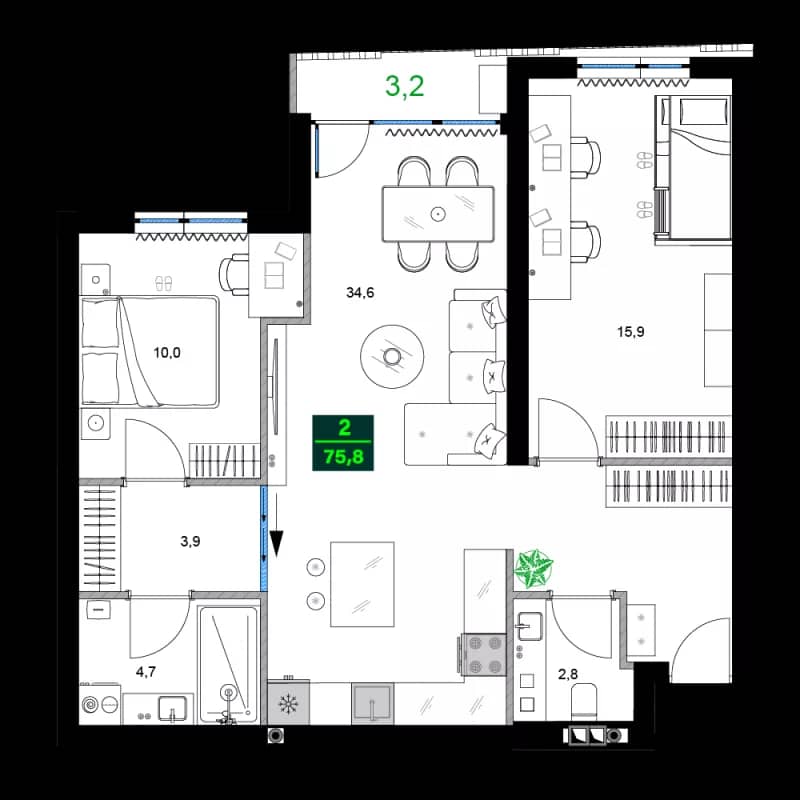 3-комнатная квартира, 75.8 м², 2 этаж в ЖК "SUMMER 365"