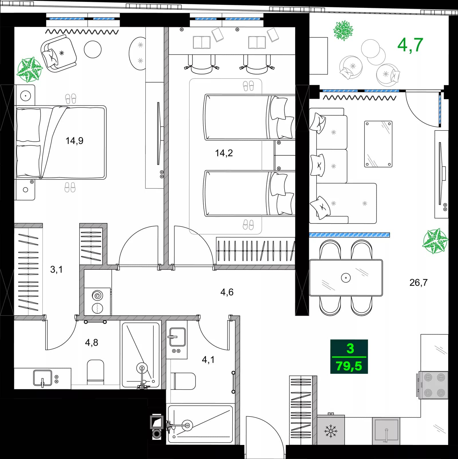 3-bedroom apartment, 79.5 m², 9 floor in "SUMMER 365"