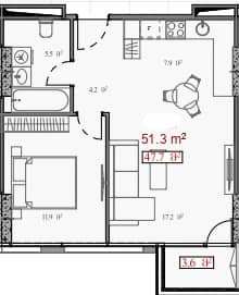 1-комнатная квартира, 51.3 м², этаж 13 в ЖК "Serenade"
