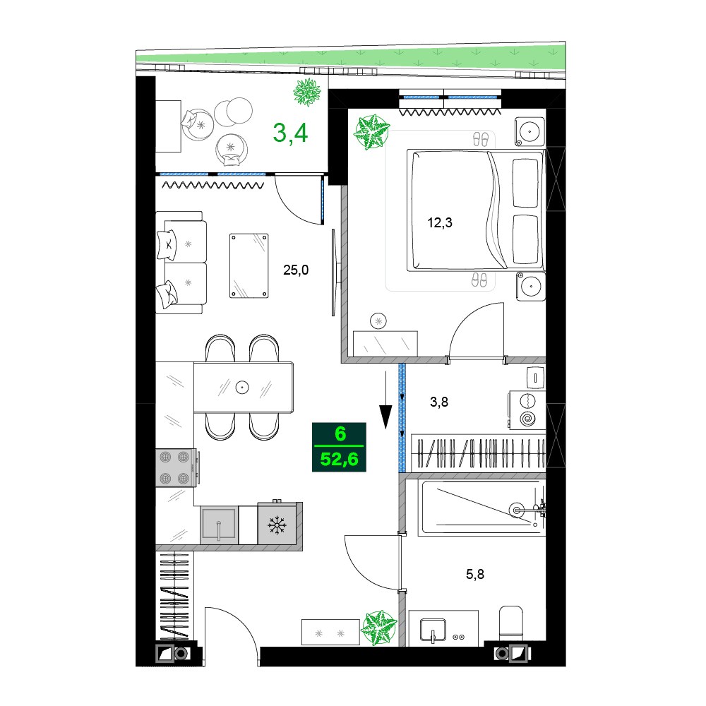 2-ოთახიანი ბინა, 52.6 მ², 3 სართული "SUMMER 365"-ში
