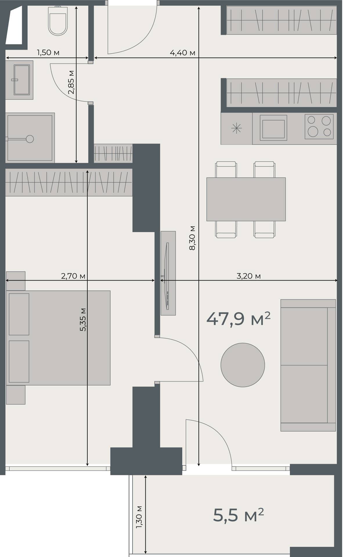 1-комнатная квартира, 53.4 м², 18 этаж в ЖК "One"
