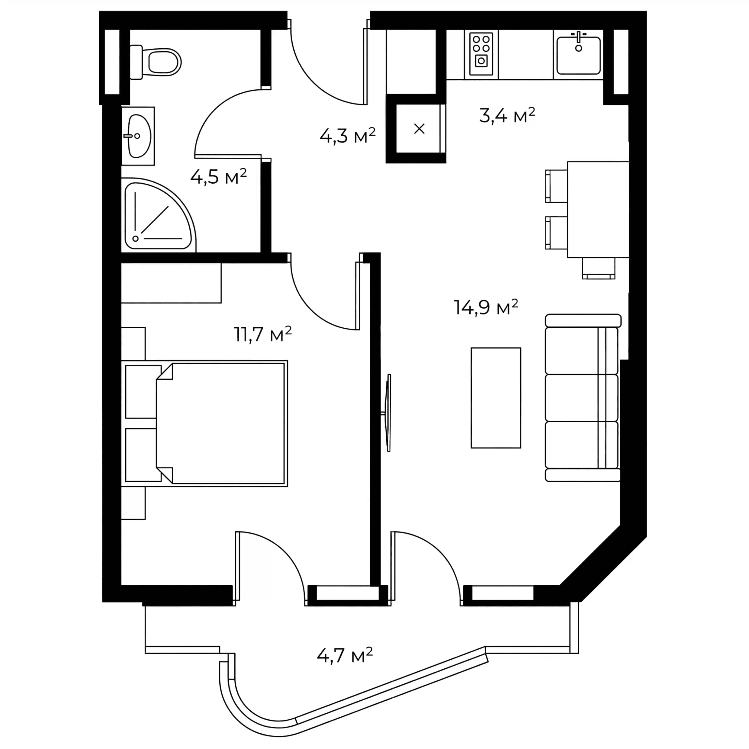 2-room, 45.4 m², Floor 18
