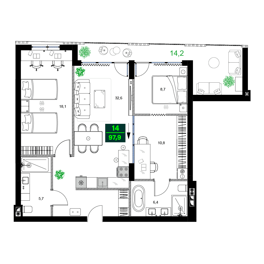 3-комнатная квартира, 97.9 м², 5 этаж в ЖК "SUMMER 365"