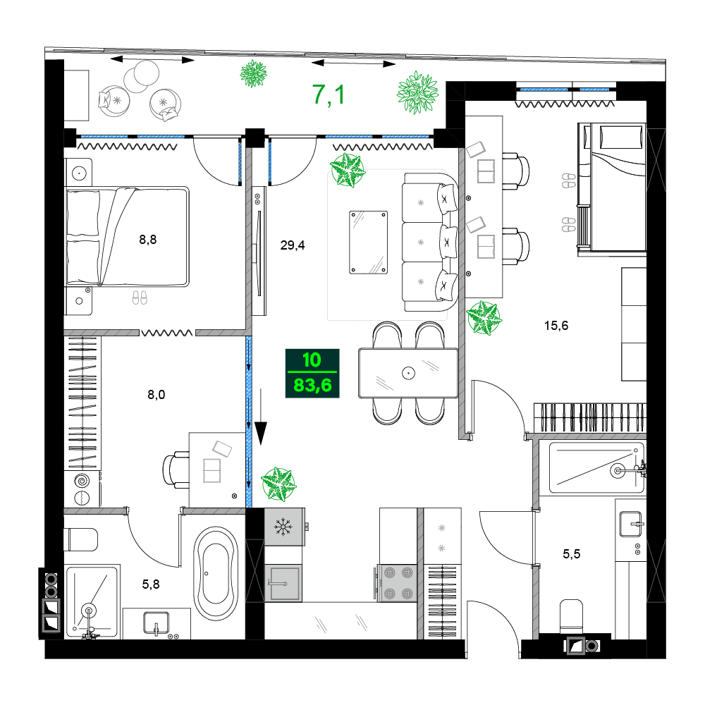 3-комнатная квартира, 83.6 м², 3 этаж в ЖК "SUMMER 365"