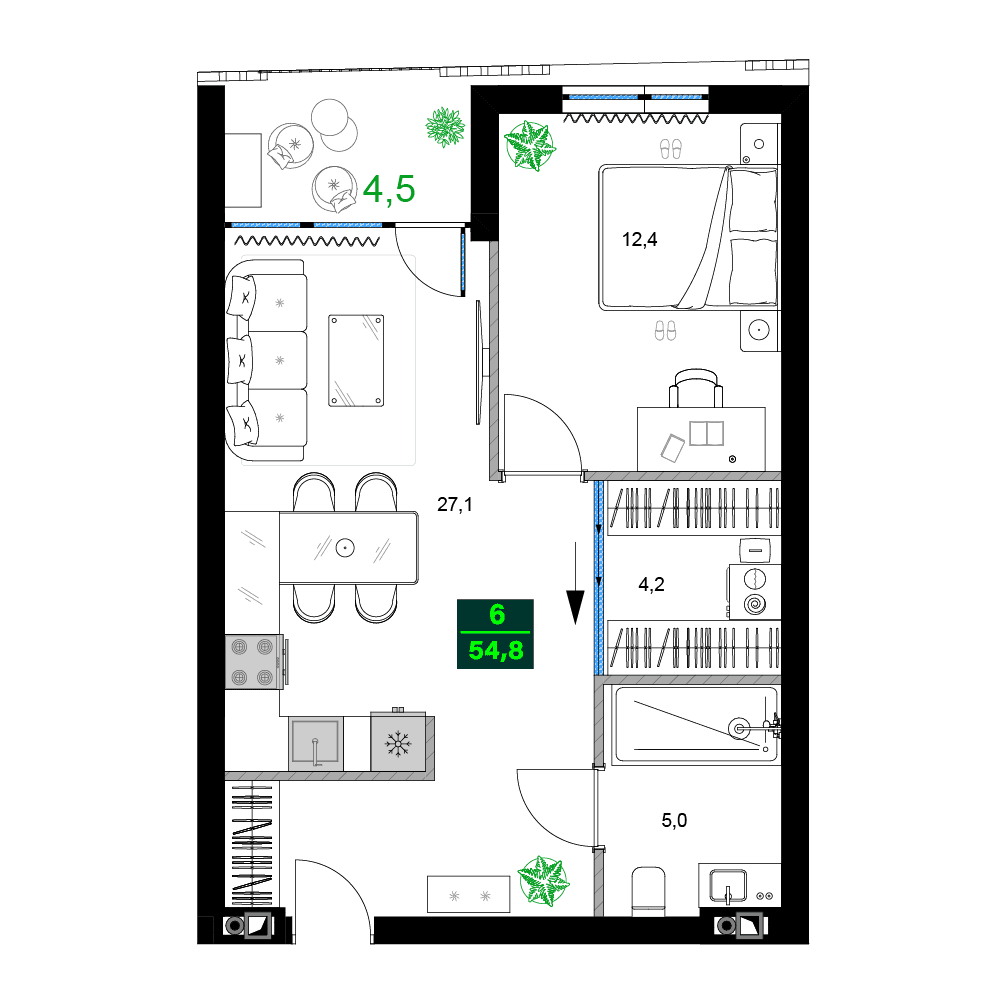 2-комнатная квартира, 54.8 м², 2 этаж в ЖК "SUMMER 365"