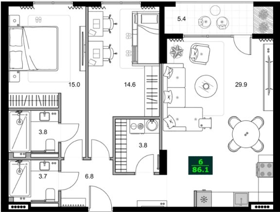 3-bedroom apartment, 86.1 m², 2 floor in "SUMMER 365"
