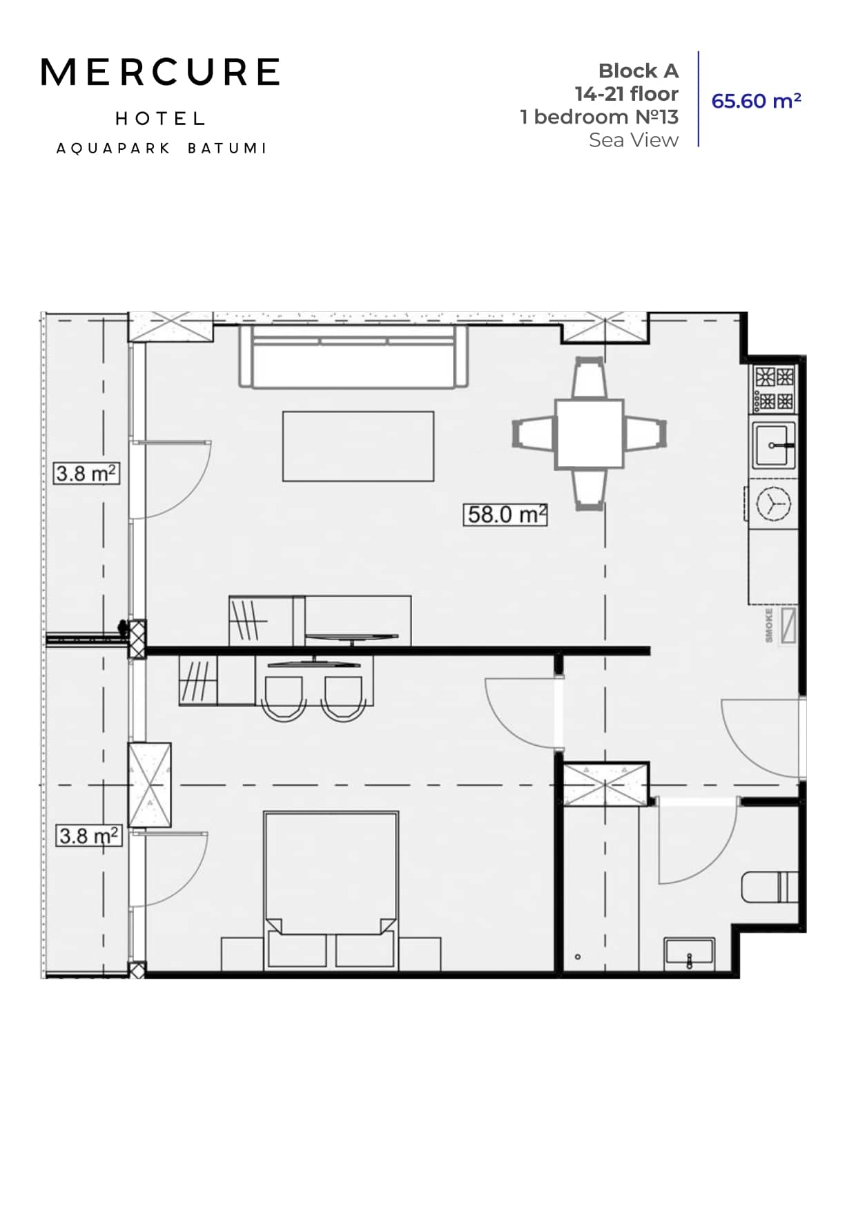 1-комнатная квартира, 65.6 м², 20 этаж в ЖК "Mardi Aquapark Wellness Resort"