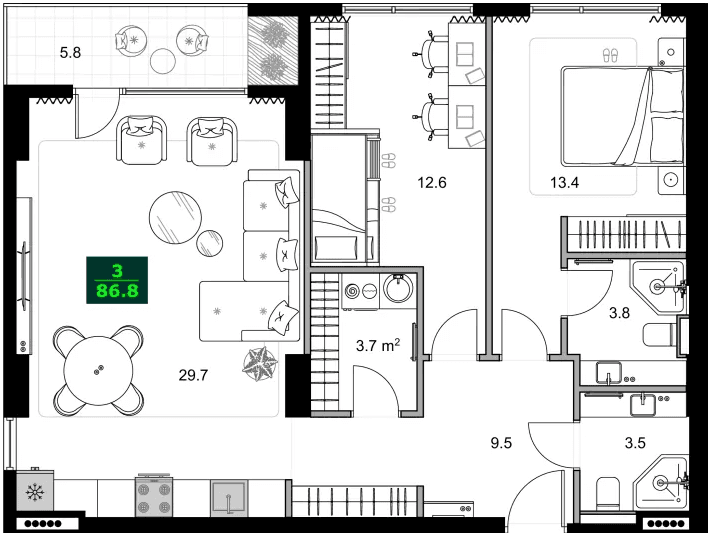3-комнатная квартира, 86.8 м², 5 этаж в ЖК "SUMMER 365"