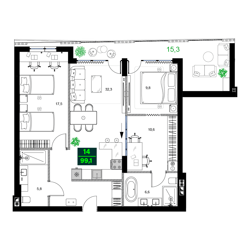 3-bedroom apartment, 99.1 m², 6 floor in "SUMMER 365"