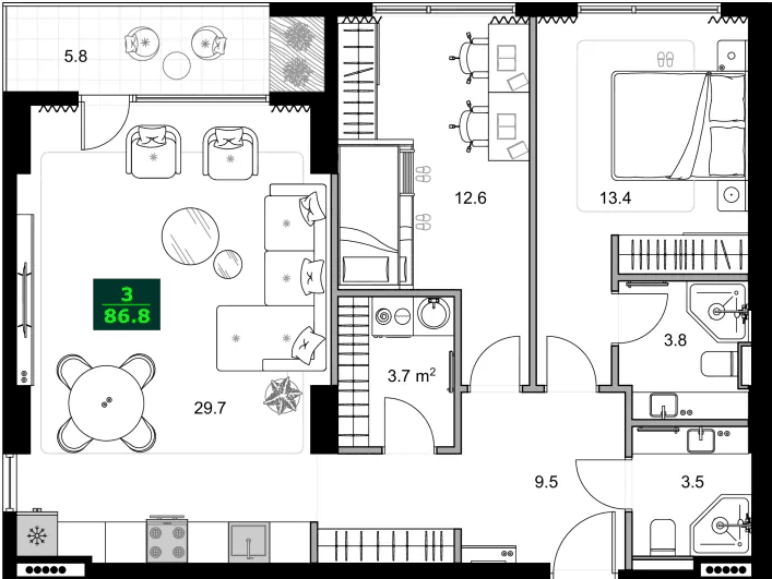 3-комнатная квартира, 86.8 м², 10 этаж в ЖК "SUMMER 365"