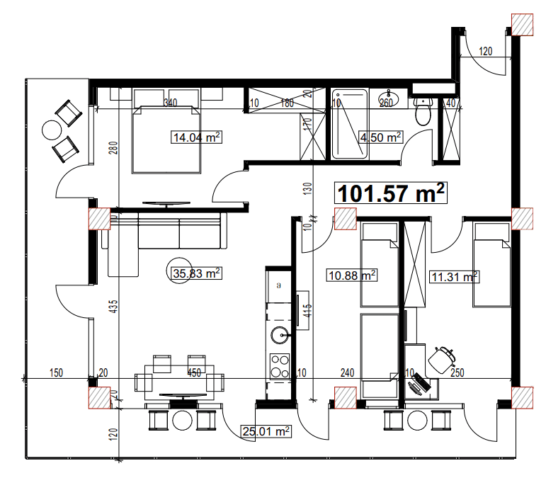 三居室公寓，101.57 m²，5 层，位于“Compact House”