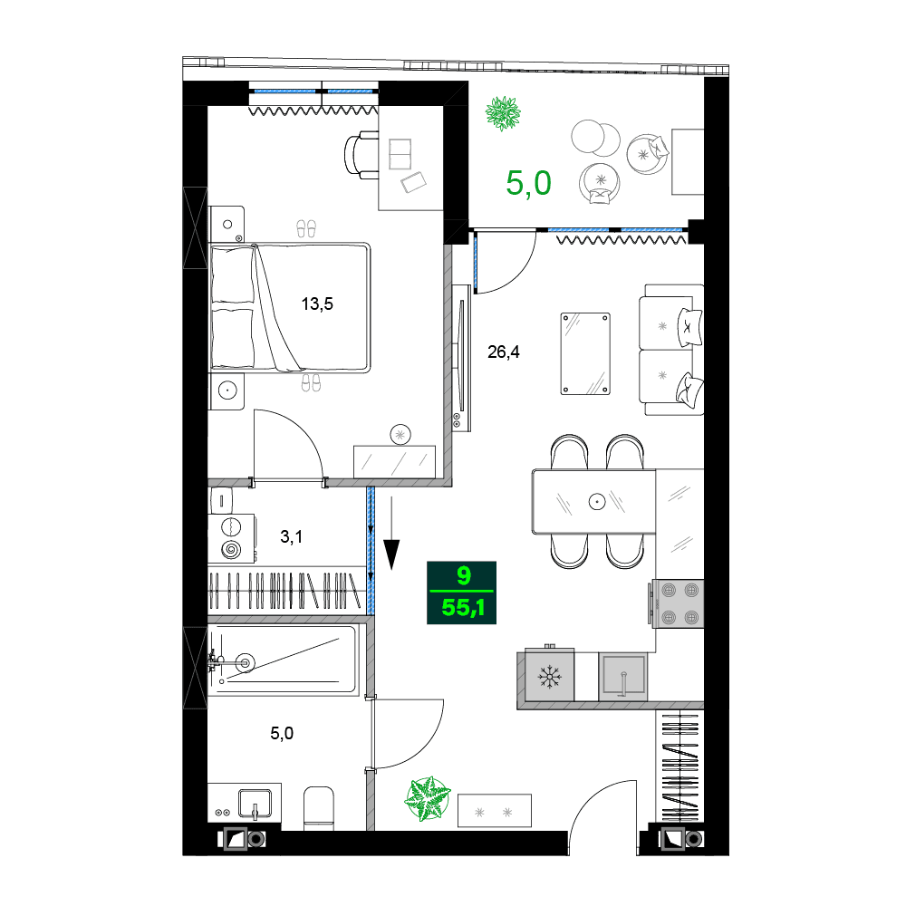 2-комнатная квартира, 55.1 м², 3 этаж в ЖК "SUMMER 365"