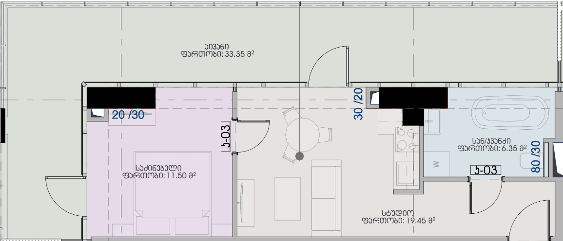 1-bedroom apartment, 70.65 m², 19 floor, Geuz Towers in Batumi