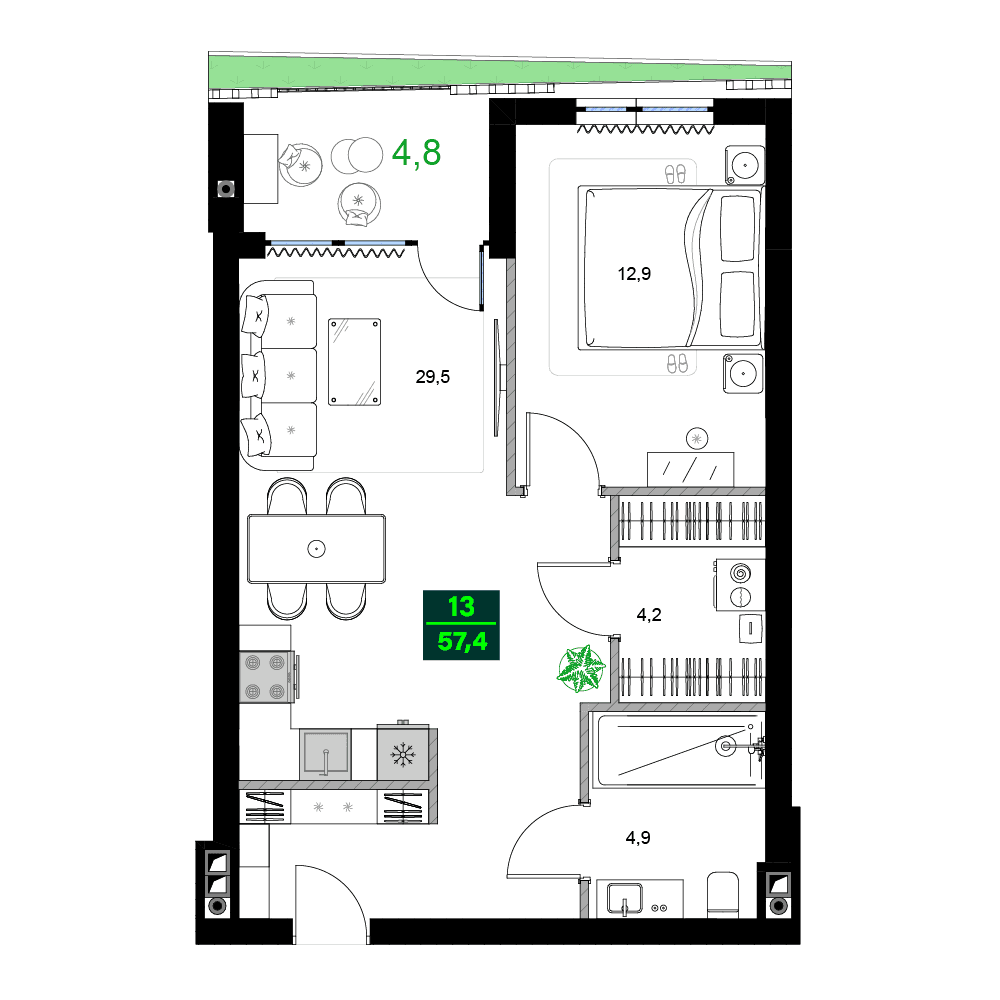 2-комнатная квартира, 57.4 м², 9 этаж в ЖК "SUMMER 365"