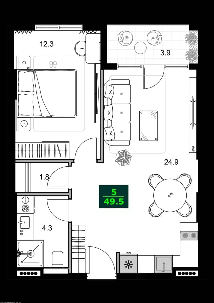 两居室公寓，49.5 m²，12 层，位于“SUMMER 365”