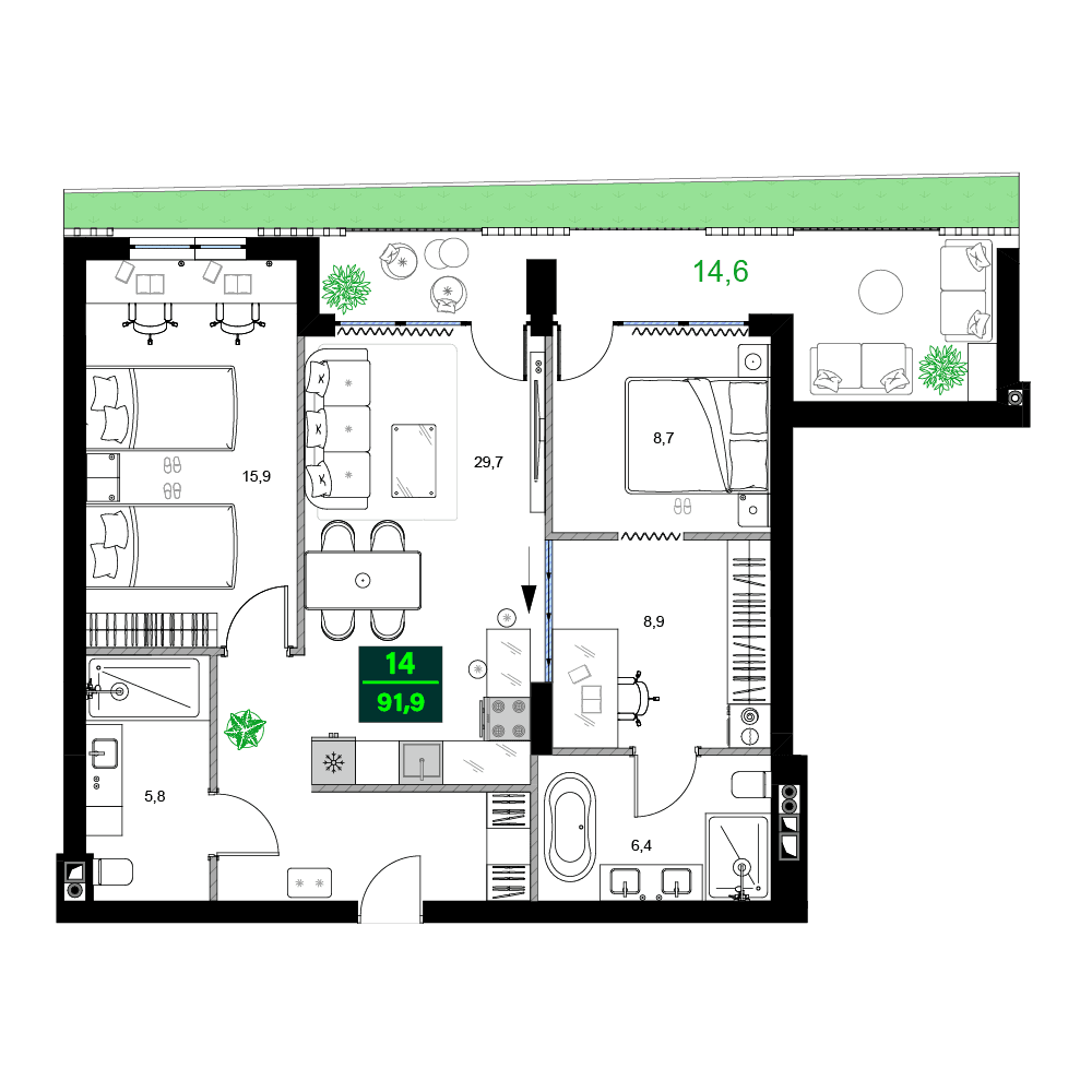 3-bedroom apartment, 91.9 m², 13 floor in "SUMMER 365"