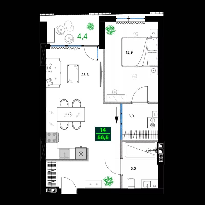 2-комнатная квартира, 56.5 м², 8 этаж в ЖК "SUMMER 365"