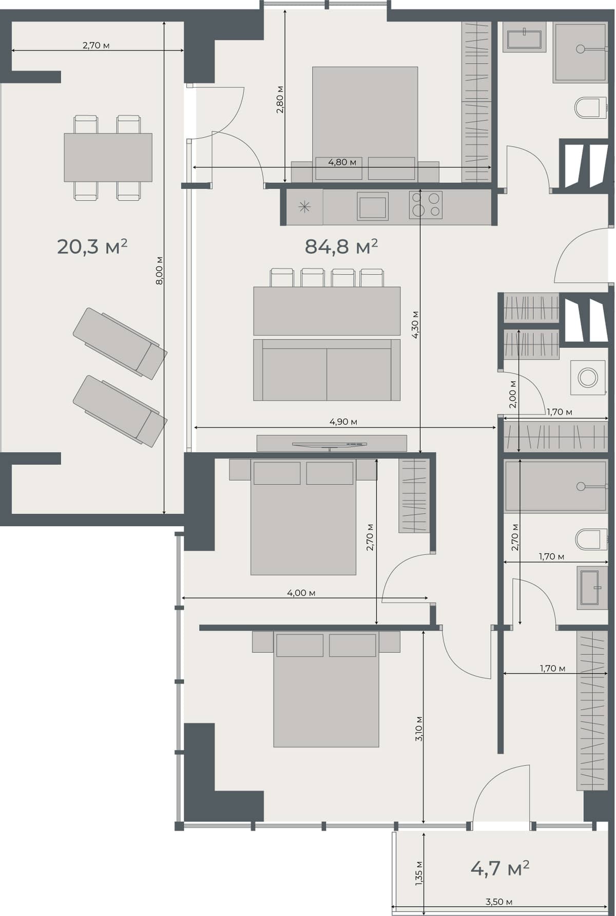 3-комнатная квартира, 109.8 м², 25 этаж в ЖК "One"