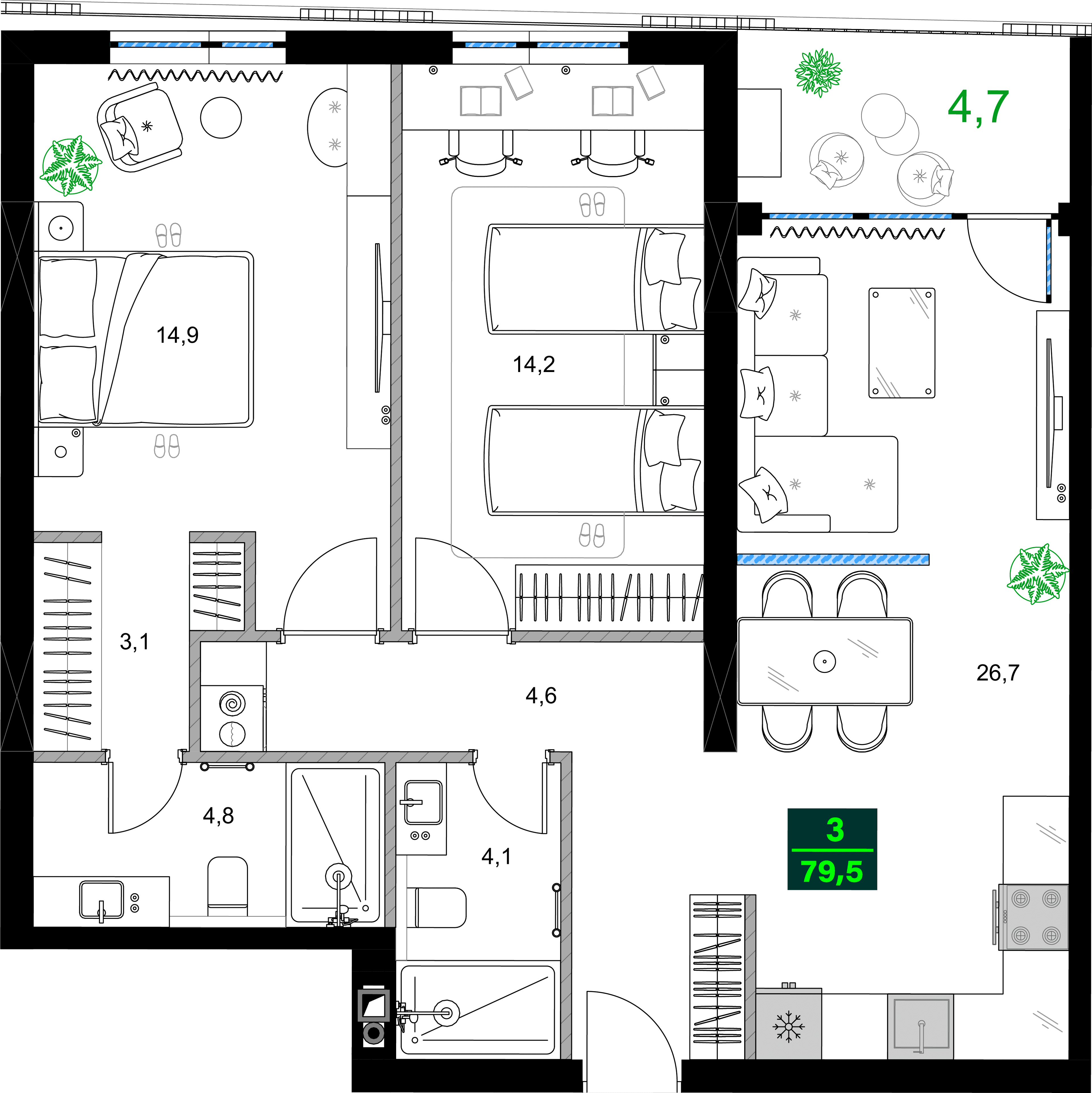 3-комнатная квартира, 79.5 м², 9 этаж в ЖК "SUMMER 365"