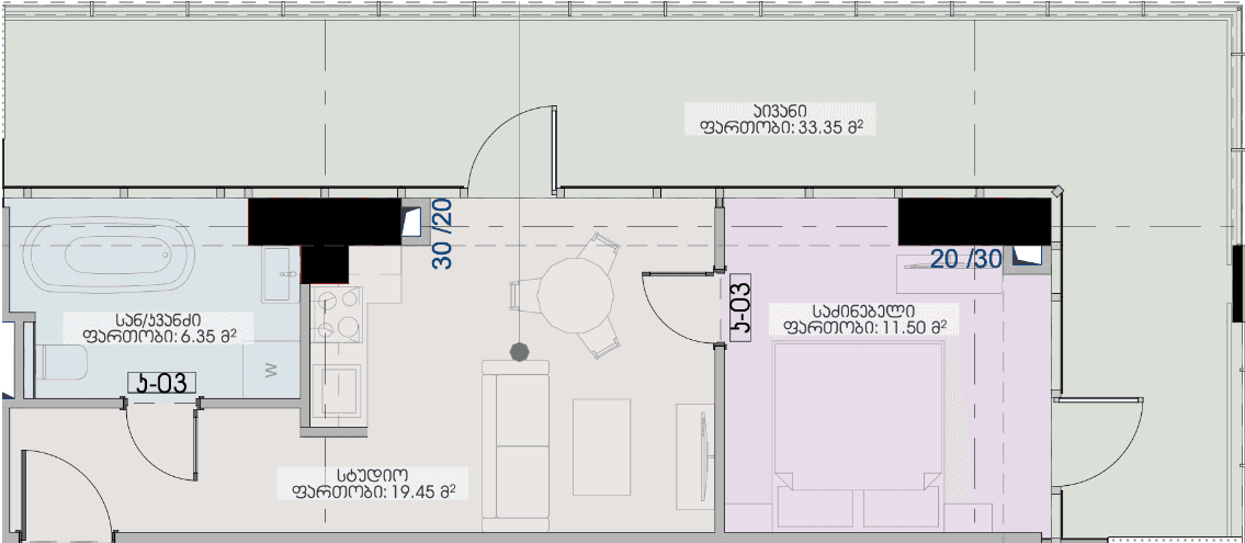 1-bedroom apartment, 70.65 m², 38 floor, Geuz Towers in Batumi