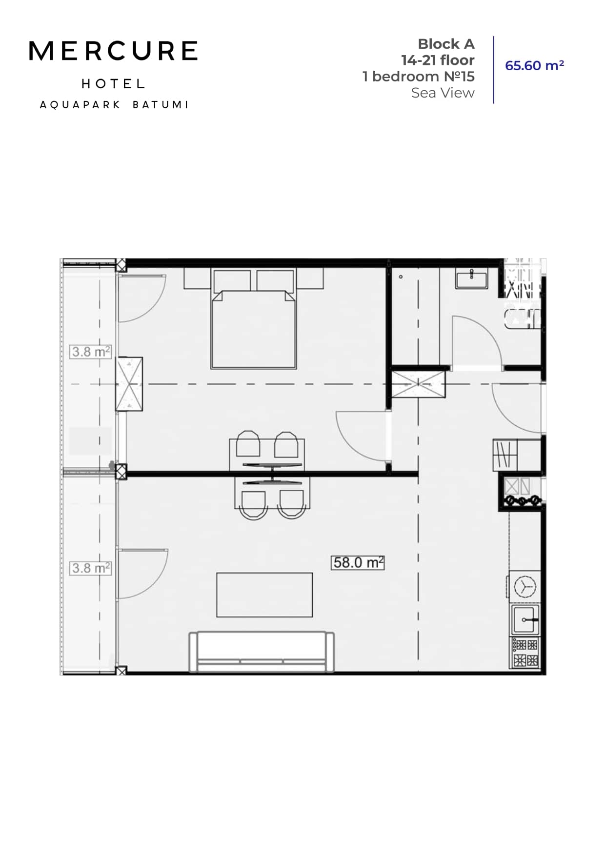 1-комнатная квартира, 65.6 м², 20 этаж в ЖК "Mardi Aquapark Wellness Resort"
