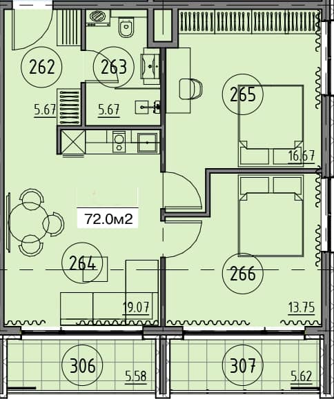 2-bedroom apartment, 72 m², 2 floor in "Grand Botanico Residence"