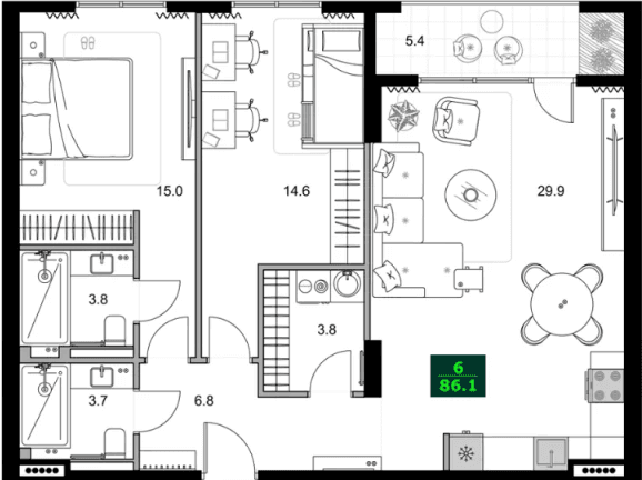 3-комнатная квартира, 86.1 м², 5 этаж в ЖК "SUMMER 365"