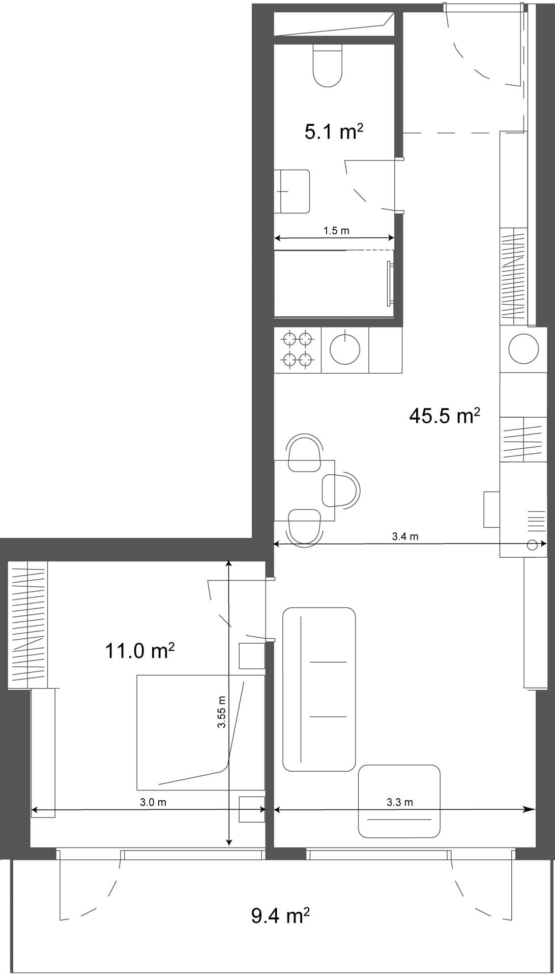 1-комнатная квартира, 54.9 м², 39 этаж в ЖК "Ramada Residences"
