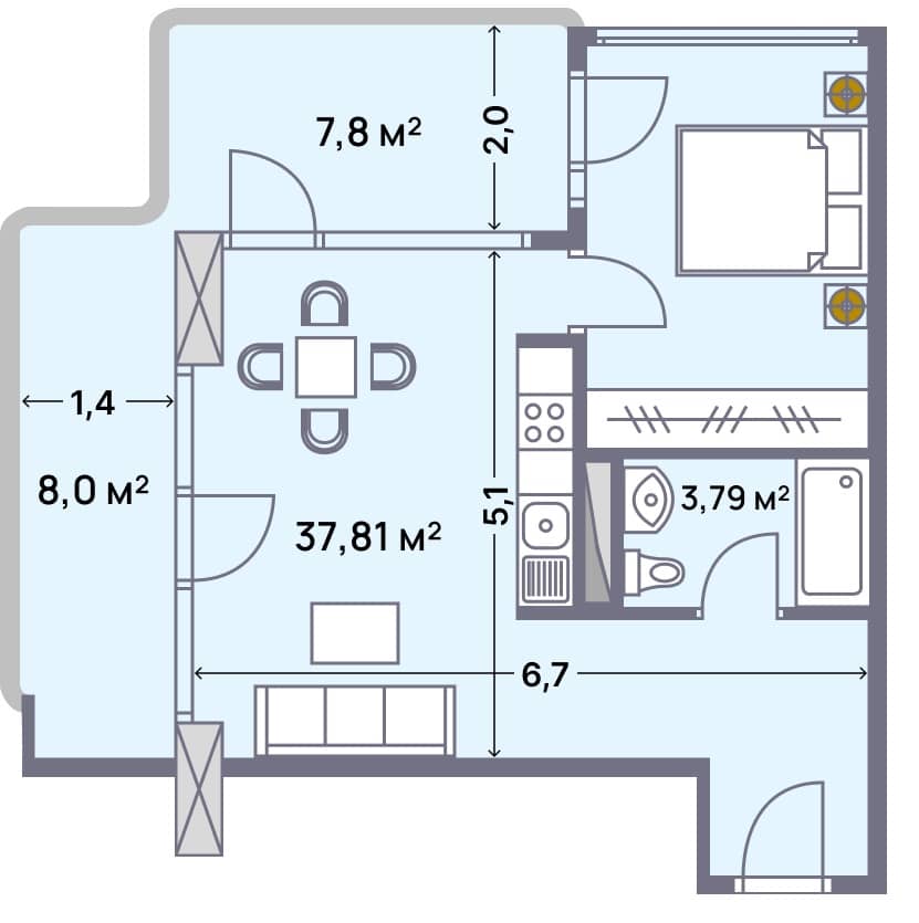 apartment, 57.4 m², 2 floor in "Wyndham Grand Aqua"