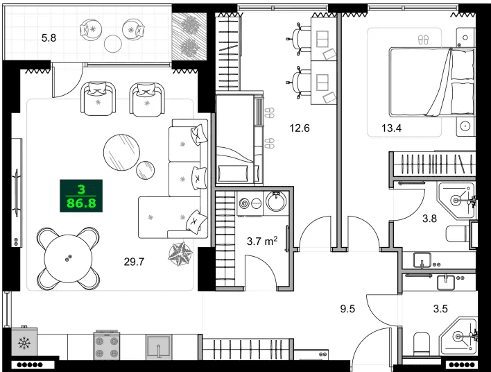 3-комнатная квартира, 86.8 м², 6 этаж в ЖК "SUMMER 365"