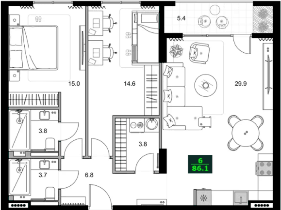 3-комнатная квартира, 86.1 м², 4 этаж в ЖК "SUMMER 365"