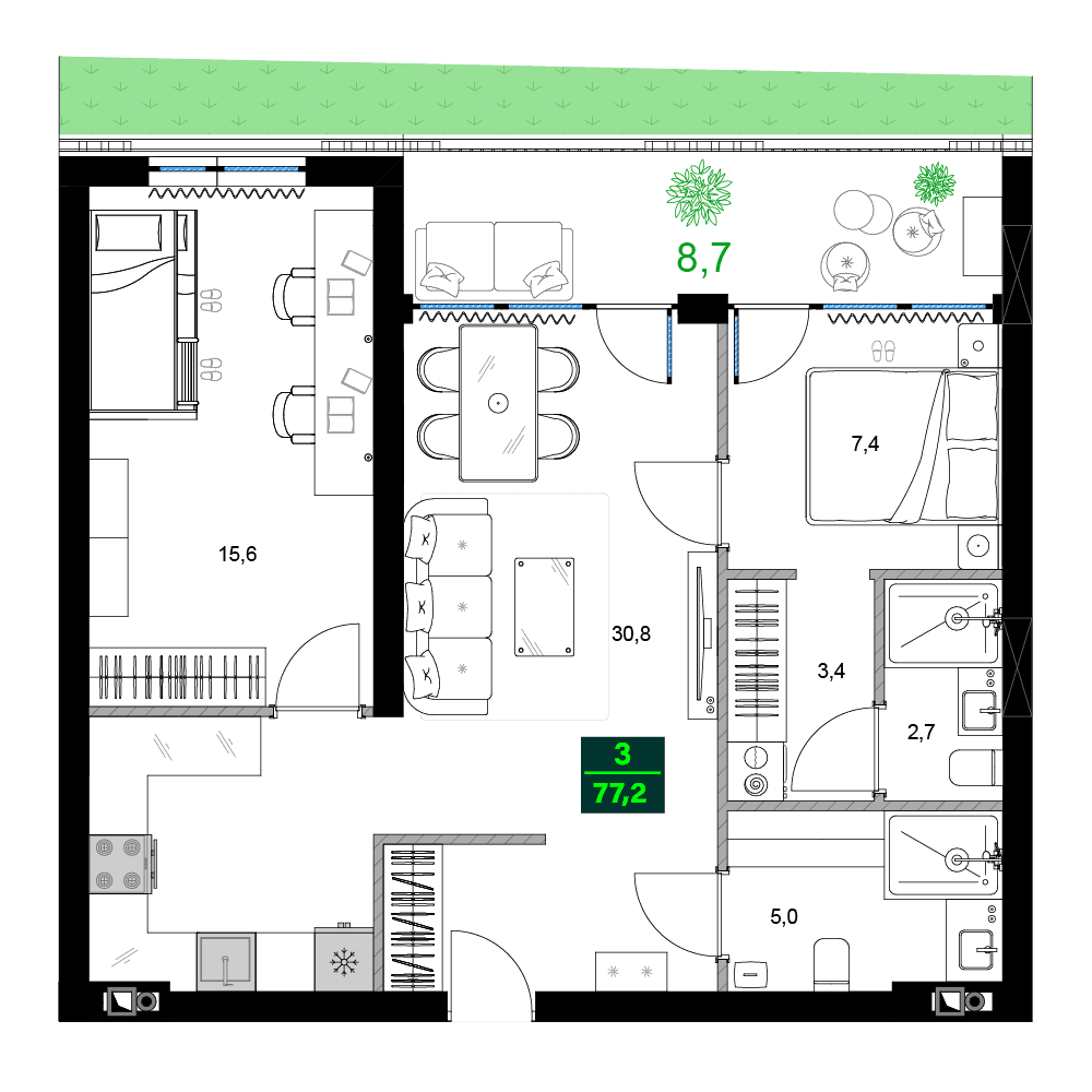 3-ოთახიანი ბინა, 77.2 მ², 10 სართული, SUMMER 365 ბათუმში