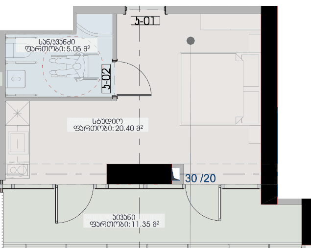 studio, 36.8 m², 32 floor in "Geuz Towers"