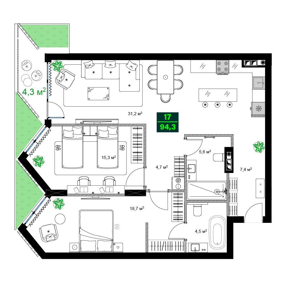 3-комнатная квартира, 94.3 м², 9 этаж в ЖК "SUMMER 365"