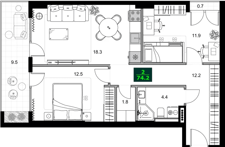 3-комнатная квартира, 54.1 м², 7 этаж в ЖК "SUMMER 365"