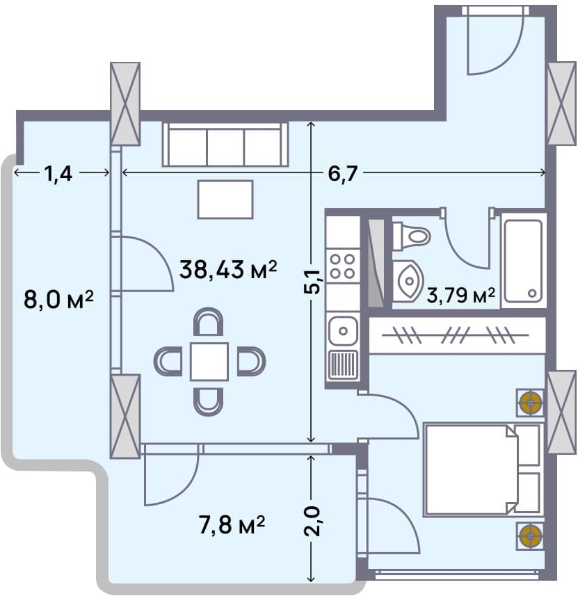 apartment, 58.2 m², 4 floor in "Wyndham Grand Aqua"