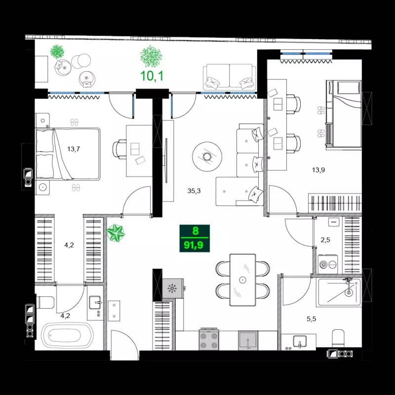 3-bedroom apartment, 91.9 m², 6 floor in "SUMMER 365"