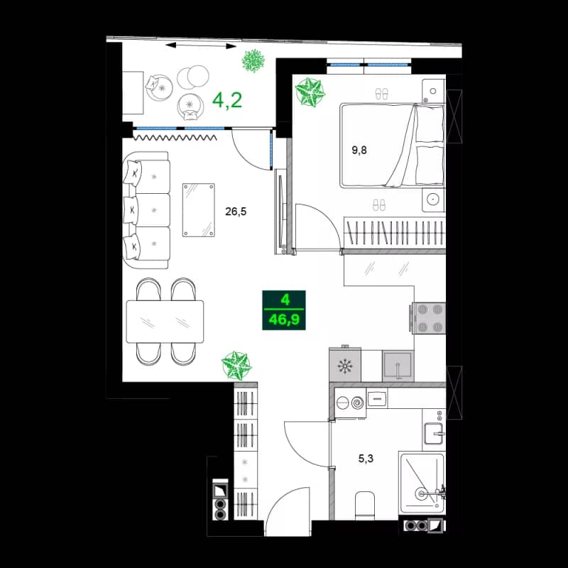 2-комнатная квартира, 46.9 м², 3 этаж в ЖК "SUMMER 365"