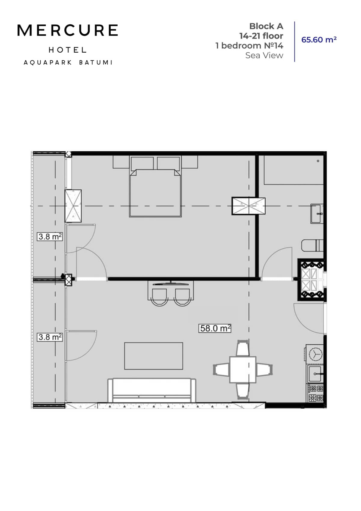 1-bedroom apartment, 65.6 m², 18 floor, Mardi Aquapark Wellness Resort in Batumi