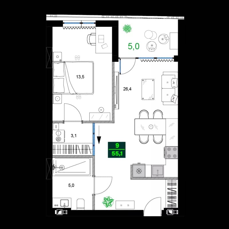 2-комнатная квартира, 55.1 м², 6 этаж в ЖК "SUMMER 365"
