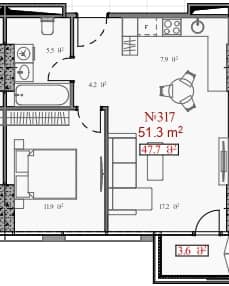 1-bedroom apartment, 51.3 m², 9 floor in "Serenade"