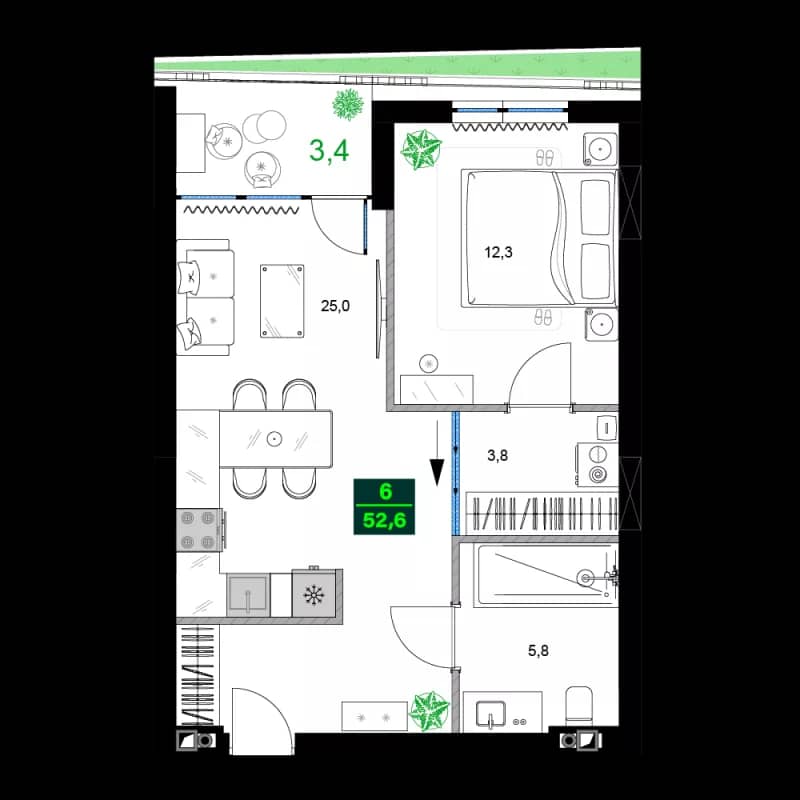 2-комнатная квартира, 52.6 м², 3 этаж в ЖК "SUMMER 365"